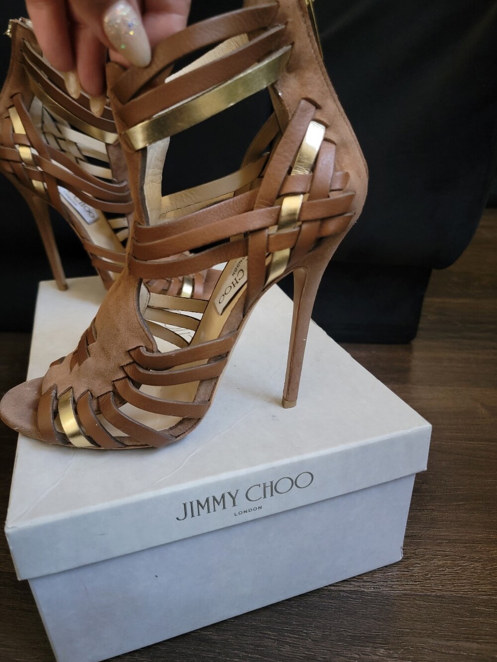 Jimmy Choo Tan and Gold Strappy High-Heel Sandals